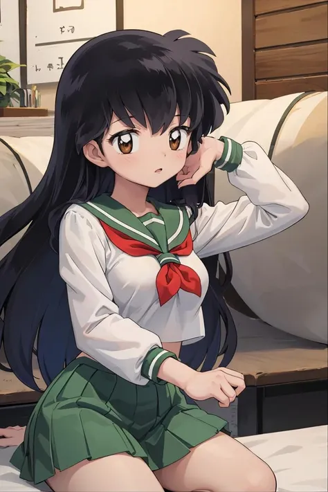 (masterpiece, best quality), 1girl, beautiful face,   <lora:Kizuki - Inuyasha - Higurashi Kagome:1> higurashi kagome, black hair, brown eyes, long hair, medium breasts, serafuku, sailor collar, green pleated skirt,