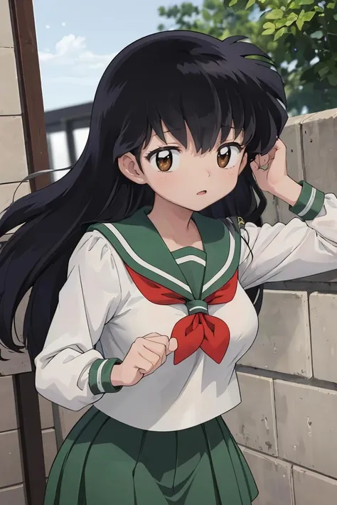 (masterpiece, best quality), 1girl, beautiful face,   <lora:Kizuki - Inuyasha - Higurashi Kagome:1> higurashi kagome, black hair, brown eyes, long hair, medium breasts, serafuku, sailor collar, green pleated skirt,