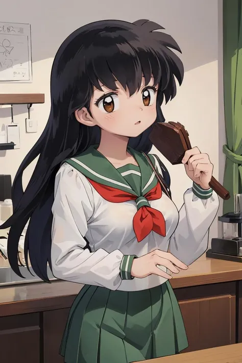 (masterpiece, best quality), 1girl, beautiful face,   <lora:Kizuki - Inuyasha - Higurashi Kagome:1> higurashi kagome, black hair, brown eyes, long hair, medium breasts, serafuku, sailor collar, green pleated skirt,