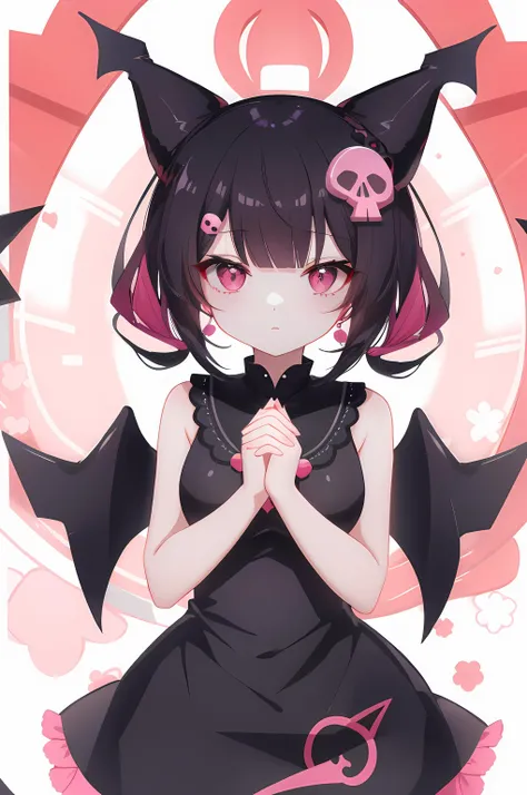 closed hands, pink skull hair ornament, kuromi, <lora:Sanrio_Characters:0.6>, (8k), 4k, best quality,high quality, very_high_resolution,