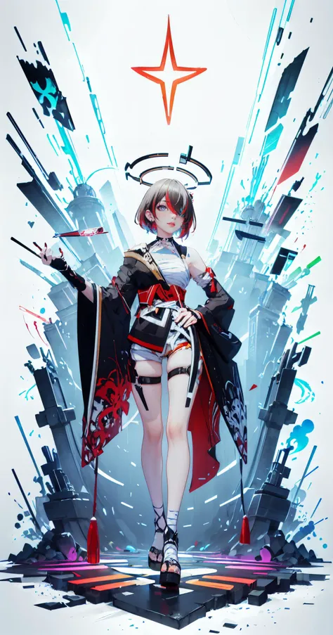 vaporwave,(Highest picture quality),(Master's work),(Detailed eye description),(8K wallpaper),(Detailed face description),(flat color:1.3),(ligne claire:1.3),(cover page:1.2),( poster:1.2),poster \(medium\),(solo:1.2),
light painting,(long exposure):1.2,dynamic streaks,luminous trails,vibrant colors,fluid movement,captivating patterns,creative experimentation,
[(white background:1.5)::5],(bottle bottom:0.9),mid shot,full body,
[(black background:1.4)::20],
[[bottle bottom]::0.5],(isometric:1.1),
(multicolored_background:1.3),striped_background,card_background,1girl,red lips,(red eyeshadow:1.2),full body,looking at viewer,
beautiful detailed bright blue eyes,(beautiful detailed shiny red_hair:1.2),(seductive smile:1.2),mixed-,
<lora:Gacha splash LORA v3:0.5>,
<lora:feiye-v100:0.8:lbw=OUTALL>,feiye,1girl,rita rossweisse,hair over one eye,japanese clothes,sarashi,kimono,hair ornament,sandals,bangs,hair flower,brown hair,
(full body:1),
(detailed face:1),
(one hand on hip:1.3),looking at you,empty hands,
///////////////////////////,
psychedelic art,glitch art,abstract art,concept art,(point_color:1.4),(RGB Splitting:1.3),(god rays),(extremely detailed light),(science_fiction:1.2),
(trippy:1.2),(colorful ink ),(floating colorful ink droplet ),
(triangle shape:1.3),
(Lilith of night:1.3),
(gradient_background:1.1),(glitch background),( digital halo:1.2),(fluorescent graffiti :1.2),(neon light:1.2),(glowstick:1.2),(floating triangle  glass fragments:1.2),