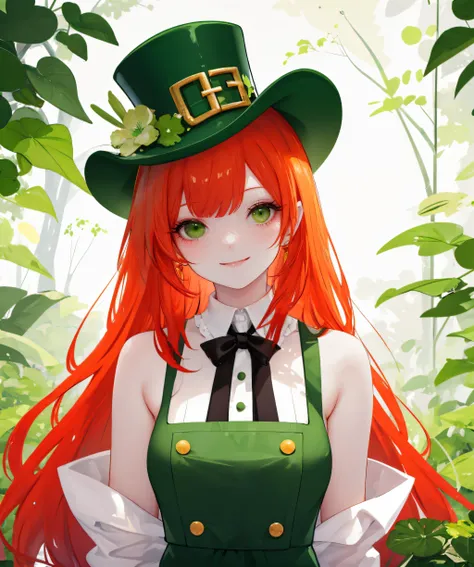 ((green_theme)),1girl,solo,long hair,smile,hat,dress,bare shoulders,red hair,orange hair,apron,top hat,upper body,forest,<lora:saint_patrick_2024-02:1>,