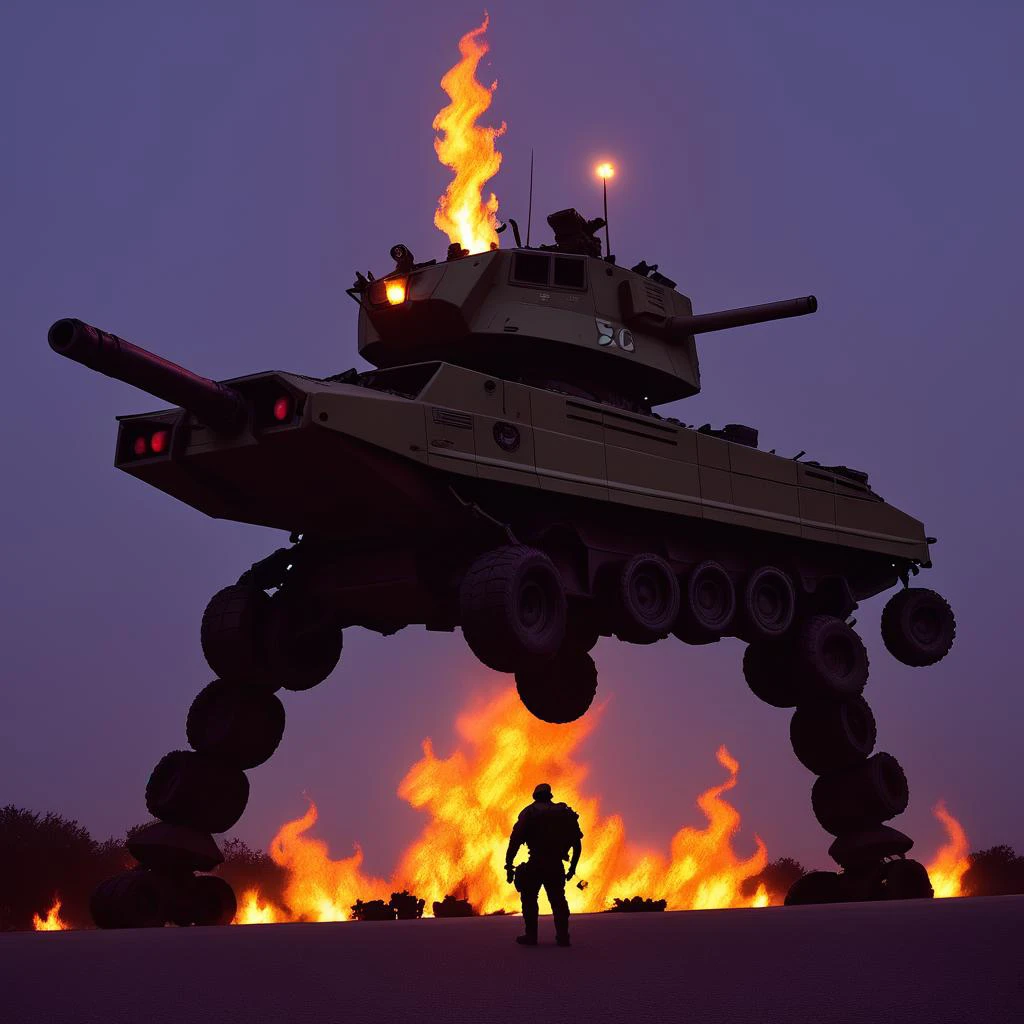 rating_sfw, IRL, score_9_intimidation, towering figure, (eyes:1.2) radiating menace, heavy tactical gear (gear:1.15), deserted urban environment post-dusk, the silhouette against a burning vehicle, embodiment of survival and resilience, muscles tensed in readiness.
