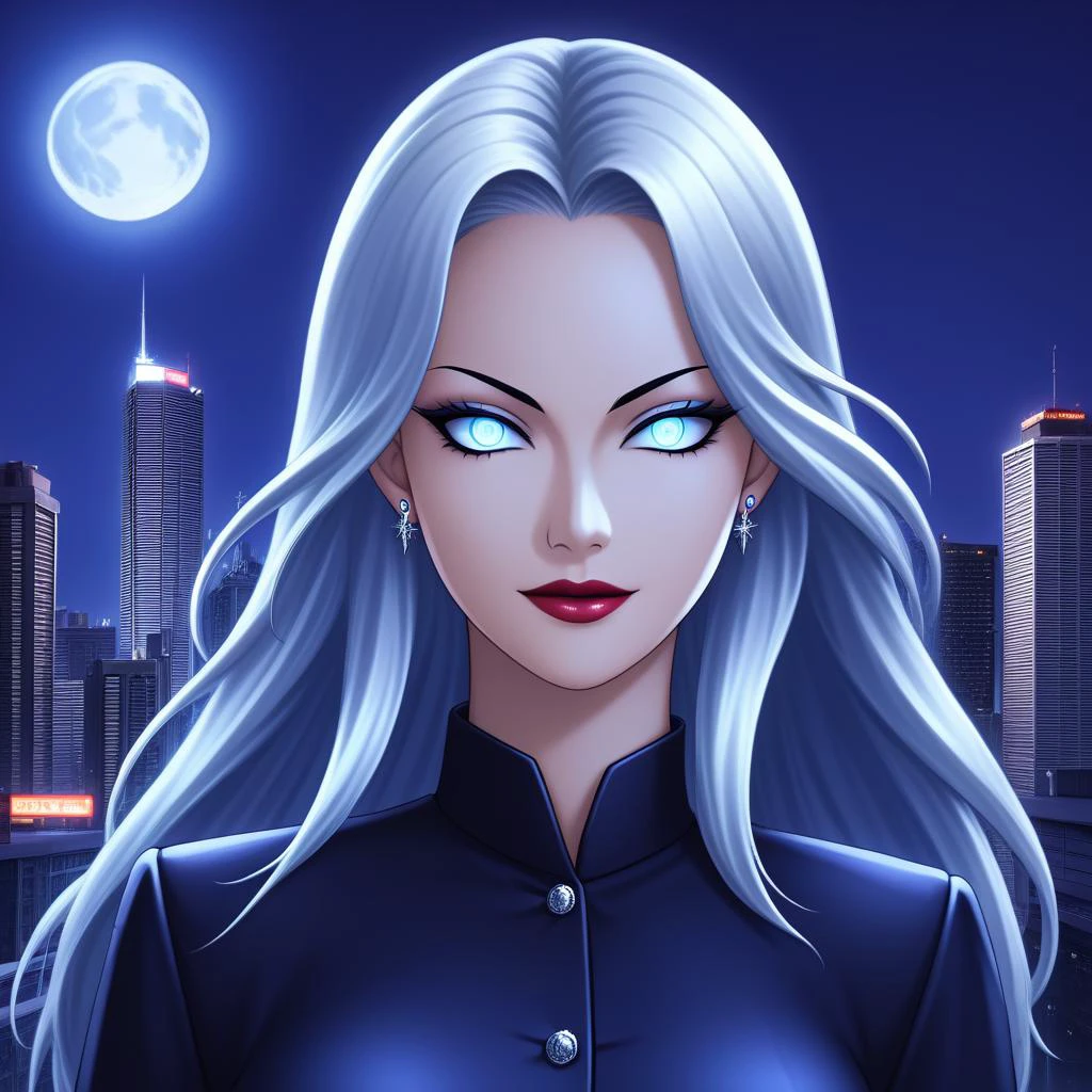rating_sfw, source_ANIME, score_9_authority, dominant 1girl, icy (eyes:1.2) piercing the viewer, elegant yet threatening aura, flowing dark hair with silver streaks, sleek combat attire (attire:1.1) signaling stealth and power, midnight backdrop with a full moon, standing atop a skyscraper, city below bathed in moonlight.