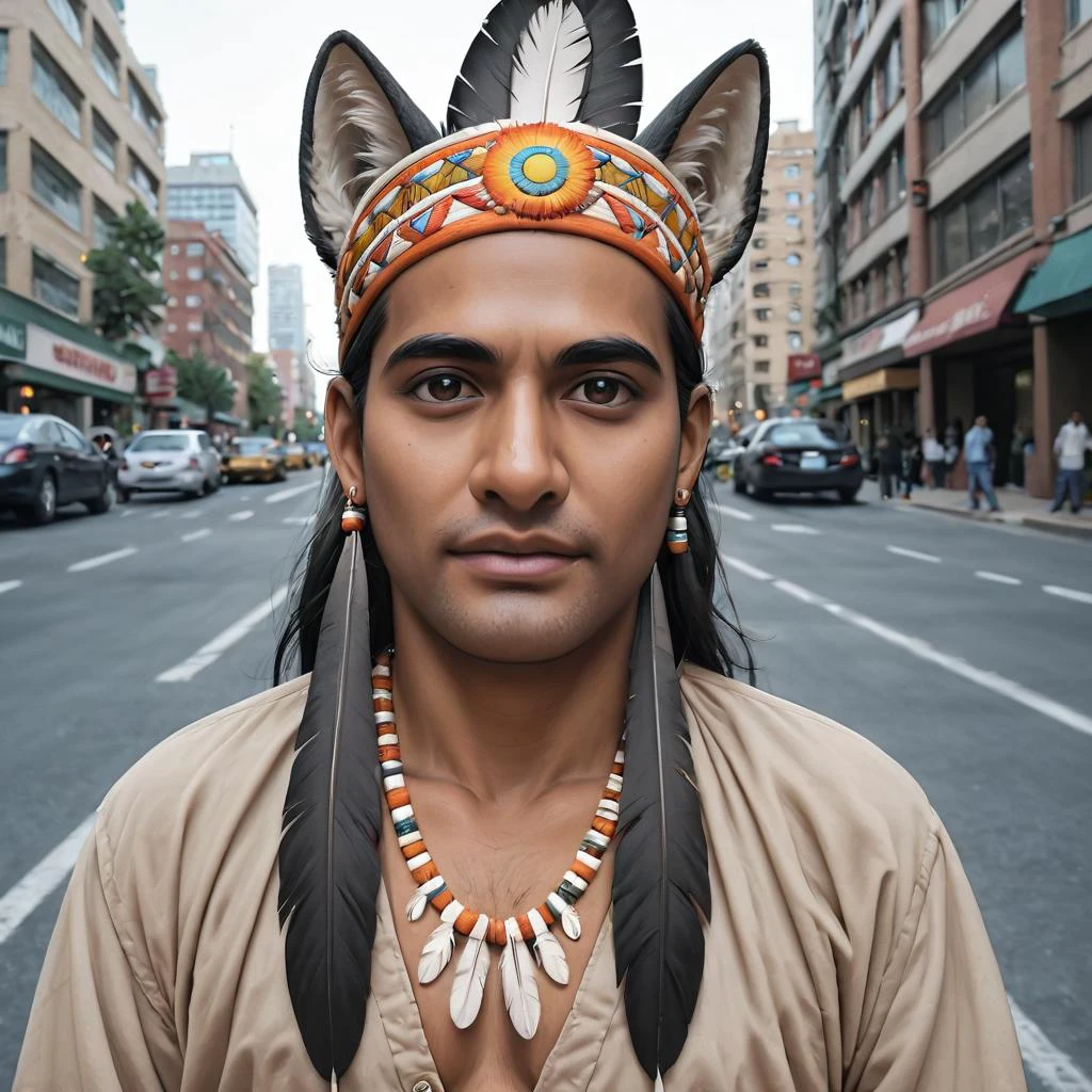 source_irl, photograph of a Native American man walks proudly confidently in traditional clothing with an Indian feather hat on his head a wolf accompanies him in the streets of New York in the middle of the buildings in the middle of the road. Large view