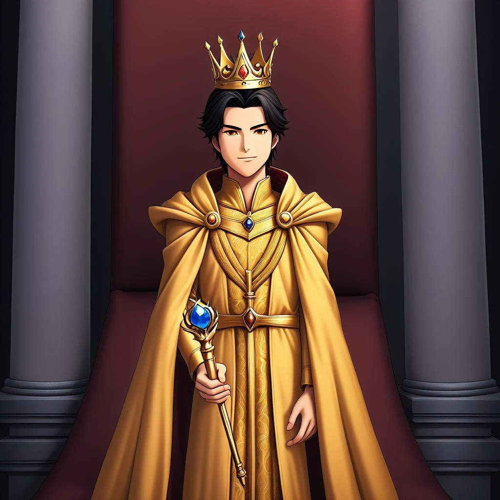 rating_sfw, source_ANIME, score_9_majesty, regal 1boy, golden (eyes:1.15) that command respect, draped in royal robes (robes:1.1) with intricate designs, throne room setting, aura of unchallenged power, crown subtly glowing, poised and serene expression, holding a scepter of authority.
