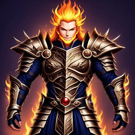 rating_sfw, source_ANIME, score_9_presence, imposing 1boy, standing with authority, piercing sharp (eyes:1.2), fiery determination in gaze, muscular build visible through clothing, distinctive elaborately detailed armor (armor:1.1), adorned with symbols of power like dragons, upright confident posture, hair styled to add to formidable appearance, background hints at a royal or warrior status, high-status armor functional and intimidating.
