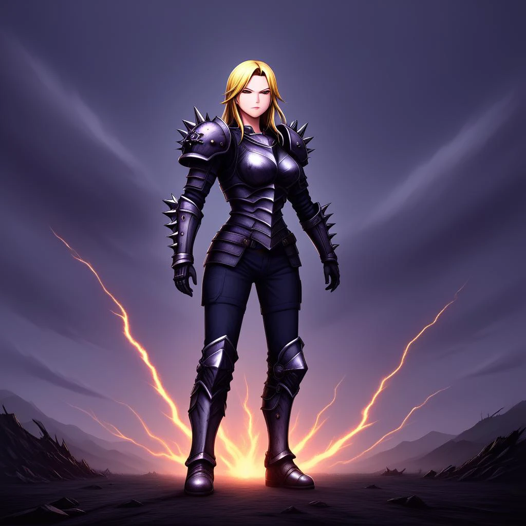 rating_sfw, source_ANIME, score_9_intimidation, towering 1girl, (eyes:1.2) glowing with malice, armor spiked and menacing (armor:1.15), standing in a wasteland, dark clouds swirling overhead, aura of destruction, clenched fists, hair whipped by the wind, scars of battle visible.