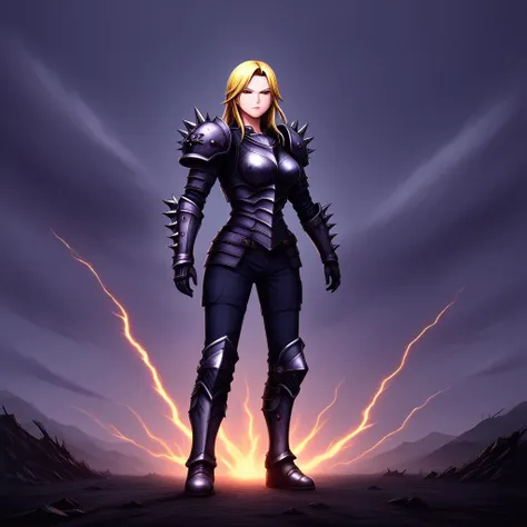 rating_sfw, source_ANIME, score_9_intimidation, towering 1girl, (eyes:1.2) glowing with malice, armor spiked and menacing (armor:1.15), standing in a wasteland, dark clouds swirling overhead, aura of destruction, clenched fists, hair whipped by the wind, scars of battle visible.
