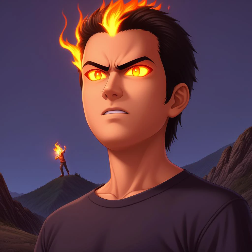 rating_sfw, source_ANIME, score_9_determination, determined 1boy, eyes burning with resolve (eyes:1.2), casual yet practical outfit (outfit:1.1), standing atop a hill, dawn breaking behind, looking towards a distant city, clenched fists, ready to face challenges ahead.
