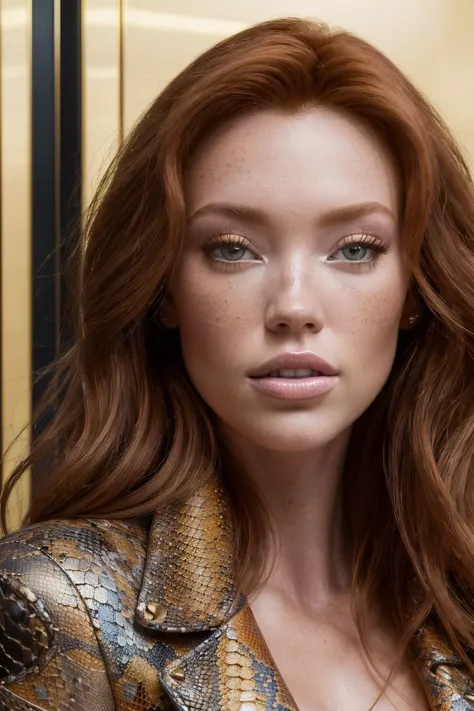 closeup headshot of S118_RileyRasmussen, a gorgeous woman, in an (elevator:1.1), wearing a (snakeskin-jacket:1.1), (8k, RAW photo, best quality, depth of field, ultra high res:1.2), (absurdres, intricate, photorealistic, masterpiece, ultra-detailed, Unreal Engine:1.3)