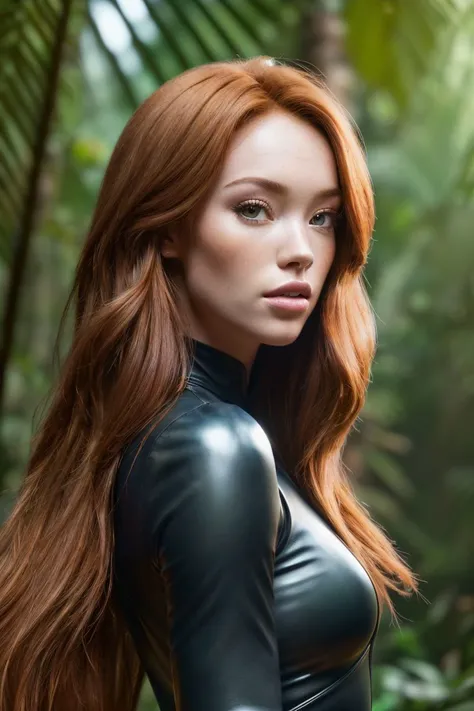photo of S118_RileyRasmussen, a gorgeous woman, in the (jungle:1.1), wearing a (leather-dress:1.1), (8k, RAW photo, best quality, depth of field, ultra high res:1.2), (absurdres, intricate, photorealistic, masterpiece, ultra-detailed, Unreal Engine:1.3)