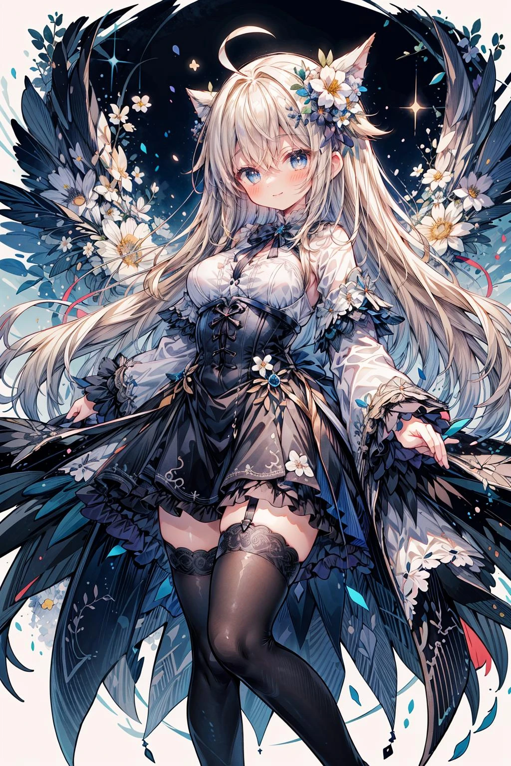 1girl,solo,short stature,(long hair),blue eyes,blonde hair,(ahoge),plump,large thighs,large breasts, white blouse,white long sleeves,
dark blue corset,dark blue skirt,black thighhighs, smile,closed mouth, sense of depth,(from above),dynamic angle,
<lora:more_details:0.6><lora:flower_wingè±ã®ç¿¼:1> flower wings,random flowers