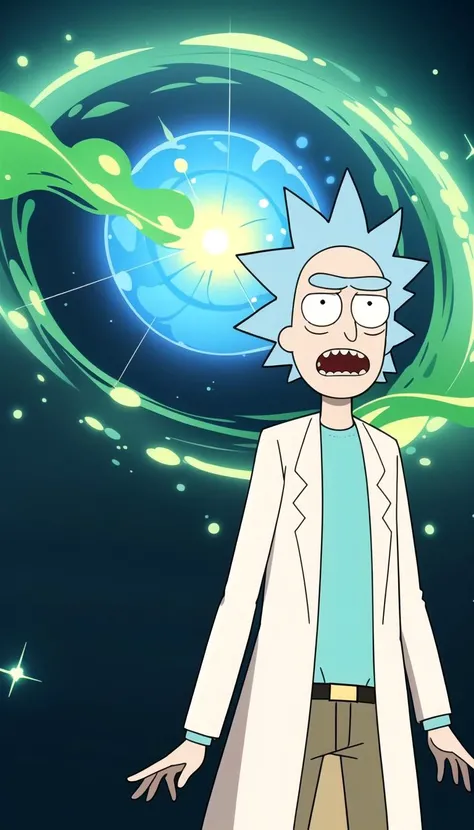 masterpiece, best quality, Rick sanchez, blue hair, white robe, <lyco:rick_sanchez:0.7>, (Green wormhole:1.1)