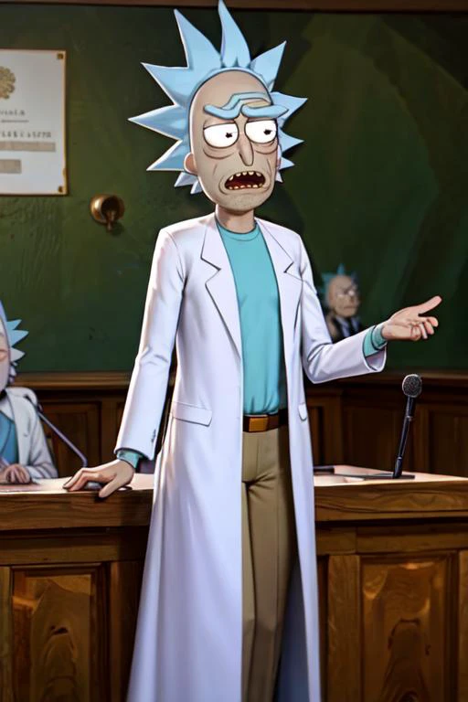 (masterpiece, best quality, hires, high resolution:1.2), extremely detailed, intricate details, highres, RICK SANCHEZ, BLUE HAIR, WHITE ROBE, <lora:rick:1>, in a courtroom