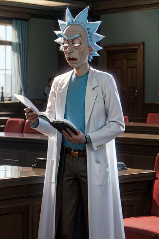 (masterpiece, best quality, hires, high resolution:1.2), extremely detailed, intricate details, highres, RICK SANCHEZ, BLUE HAIR, WHITE ROBE, <lora:rick:1>, in a courtroom