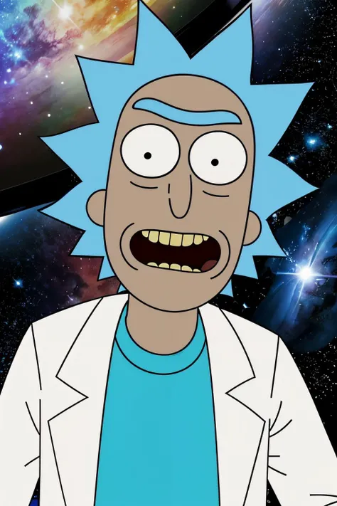 rick sanchez,black eyes, blue hair, labcoat,looking at viewer, smiling, close up, outside, space, stars, galaxy, high quality, masterpiece <lora:rick:.8>