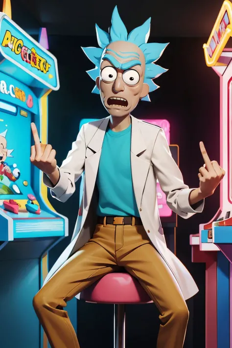 rick sanchez, black eyes, blue hair, labcoat, brown pants,looking at viewer, serious, angry, sitting, on stool, inside arcade, arcade cabinet,hand, middlefinger, neon lighting, high quality, masterpiece <lora:rick:.7> <lora:midfinger-wasabiya:1>