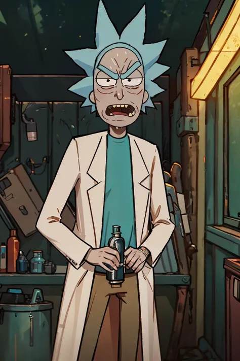 rick sanchez, blue hair, white robe, looking at viewer, serious, angry, standing, inside garage, holding flask, dark, soft lighting, high quality, masterpiece, <lora:rick:.8>