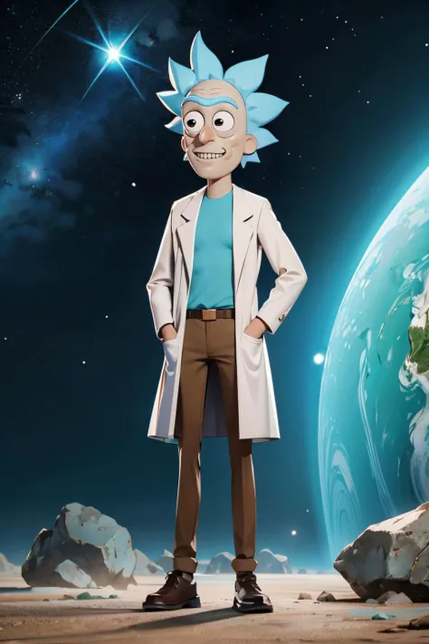 rick sanchez, black eyes, blue hair, labcoat, brown pants,black shoes, looking at viewer, smiling, full body shot, standing, outside, alien planet, space, floating rocks, stars, high quality, masterpiece <lora:rick:.7>