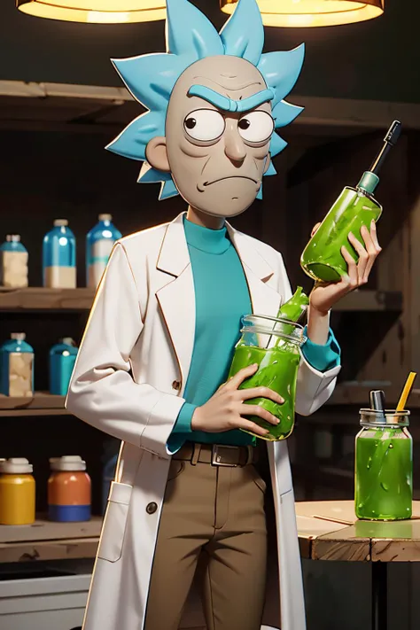 rick sanchez, black eyes, blue hair, labcoat, brown pants,looking at viewer, serious, frown, standing, upper body shot, inside garage, holding jar full of green liquid, table, tools, dark, soft lighting, high quality, masterpiece <lora:rick:.7>