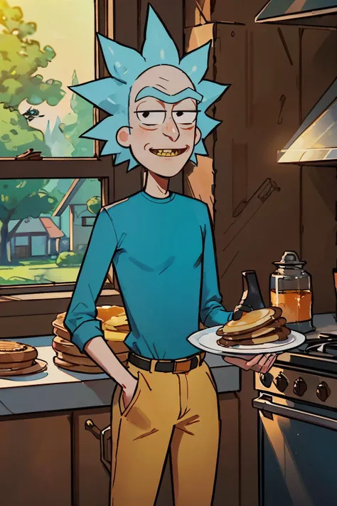 rick sanchez, black eyes, blue hair, blue shirt,brown pants, looking at viewer, smiling, standing, inside kitchen, holding plate of food, pancakes, window, sunny, high quality, masterpiece <lora:rick:.7>