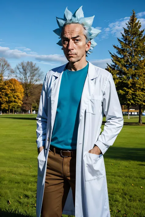rick sanchez,black eyes, blue hair, labcoat, brown pants,looking at viewer, serious, standing, hands in pockets outside, park, field, trees, winter, blue sky, high quality, masterpiece <lora:rick:.7>