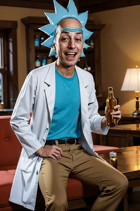 rick sanchez,black eyes, blue hair, labcoat, brown pants,looking at viewer, serious, smiling, sitting, inside living room,holding beer bottle, lamp, soft lighting, high quality, masterpiece <lora:rick:.7>