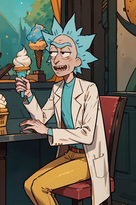 rick sanchez, black eyes, blue hair, white labcoat,brown pants, looking at viewer, smiling, sitting, behind a table, inside ice cream parlor, holding ice cream cone, playful ambiance, high quality, masterpiece, <lora:rick:.7>