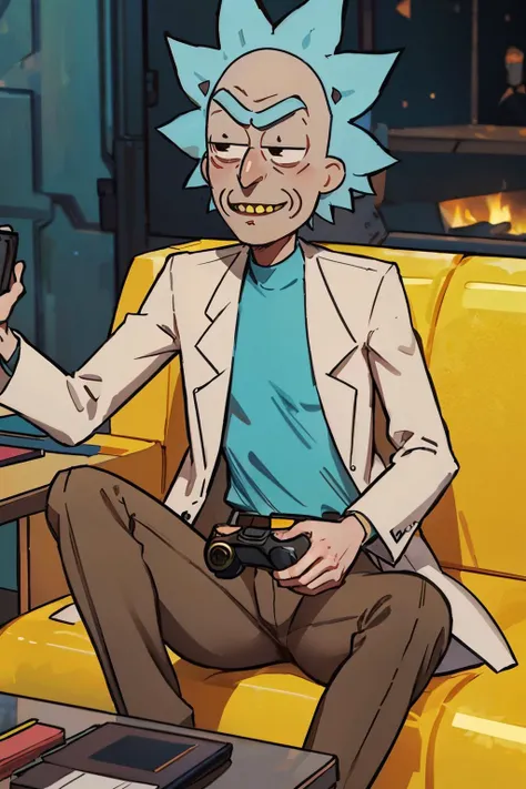 rick sanchez, black eyes, blue hair, white labcoat,brown pants, looking at viewer, serious, smiling, sitting, on yellow sofa, holding game controller, inside cozy living room, high quality, masterpiece, <lora:rick:.7>
