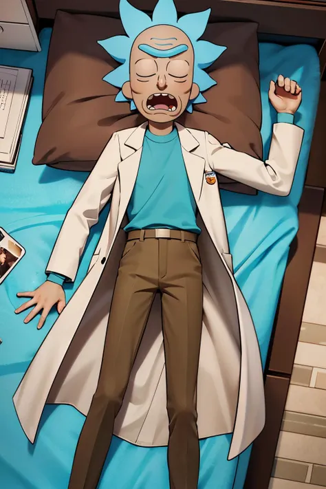 rick sanchez, eyes closed, blue hair, labcoat, brown pants, sleeping, snoring, lying, on back, on small bed, from_above, messy bedroom, high quality, masterpiece <lora:rick:.7>