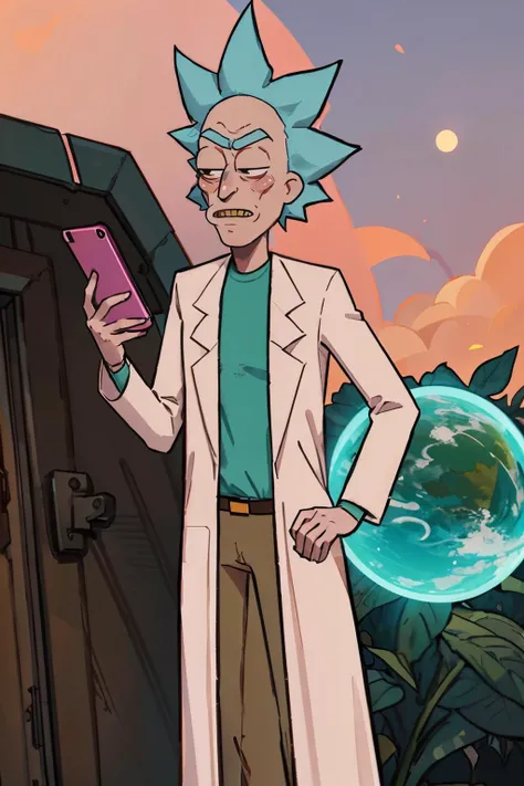 rick sanchez, black eyes, blue hair, white robe, looking at viewer, serious, smirk, standing, outside, holding cell phone, pink sky, small planet, high quality, masterpiece, <lora:rick:.7>