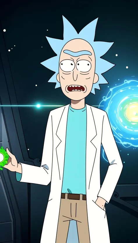 masterpiece, best quality, Rick sanchez, blue hair, white robe, <lyco:rick_sanchez:0.7>, (Green wormhole:1.1)
