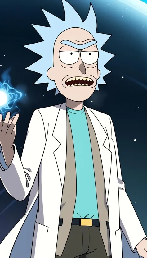 masterpiece, best quality, Rick sanchez, blue hair, white robe, <lyco:rick_sanchez:0.7>, (Green wormhole:1.1)