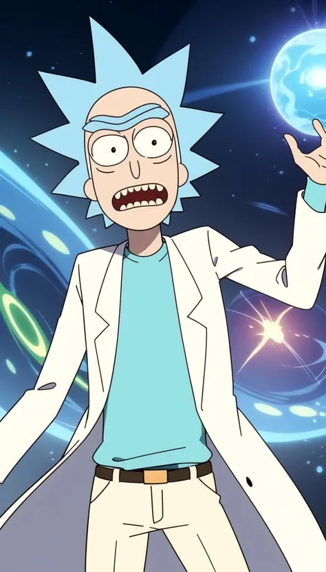 masterpiece, best quality, Rick sanchez, blue hair, white robe, <lyco:rick_sanchez:0.7>, (Green wormhole:1.1)