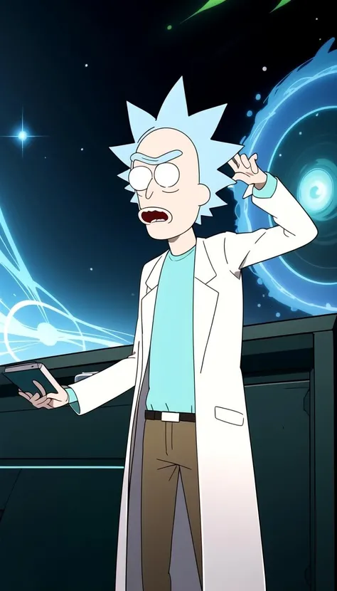 masterpiece, best quality, Rick sanchez, blue hair, white robe, <lyco:rick_sanchez:0.7>, (Green wormhole:1.1)