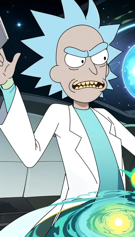 masterpiece, best quality, Rick sanchez, blue hair, white robe, <lyco:rick_sanchez:0.7>, (Green wormhole:1.1)