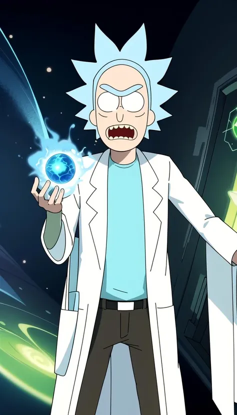 masterpiece, best quality, Rick sanchez, blue hair, white robe, <lyco:rick_sanchez:0.7>, (Green wormhole:1.1)
