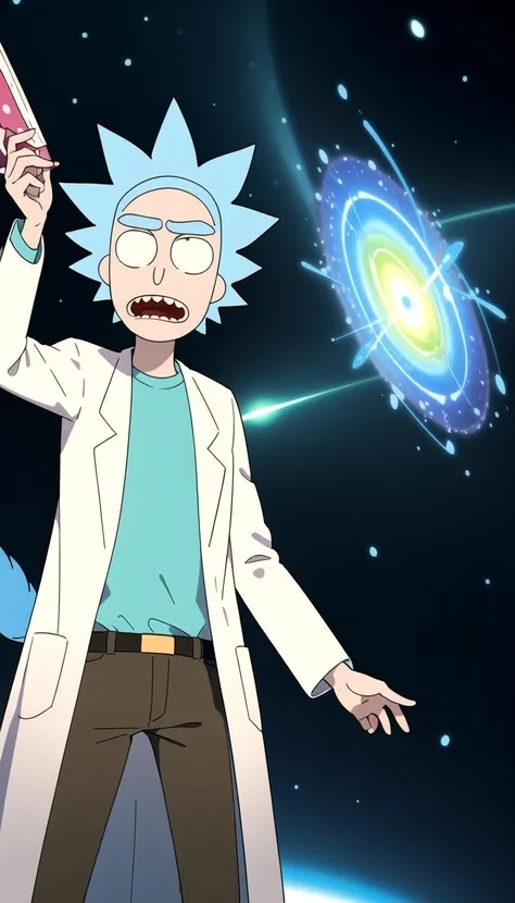 masterpiece, best quality, Rick sanchez, blue hair, white robe, <lyco:rick_sanchez:0.7>, (Green wormhole:1.1)