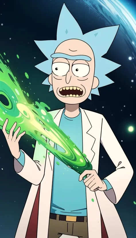 masterpiece, best quality, Rick sanchez, blue hair, white robe, <lyco:rick_sanchez:0.7>, (Green wormhole:1.1)