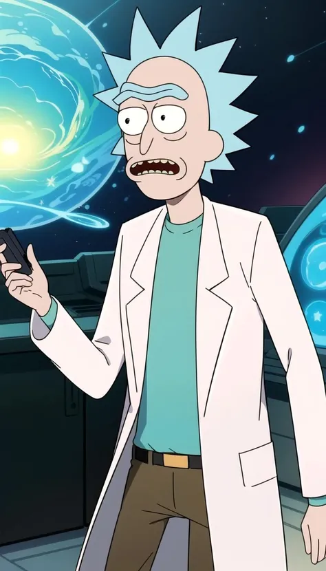 masterpiece, best quality, Rick sanchez, blue hair, white robe, <lyco:rick_sanchez:0.7>, (Green wormhole:1.1)