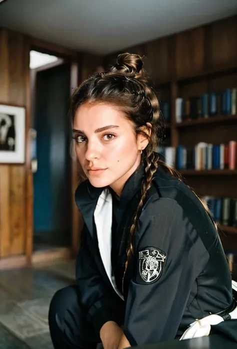 (showy) tired  ezgi_eyupoglu in (sleepwear|ninja costume|pant suit),portrait,intricate detail,(braided bun|asymmetrical fringe),( hair ribbon),squatting,at Minnan architecture,in (Kerry, Ireland|bookstore),evening,/5.6,Macro,setting spray,(skin details:1.3),(skin pores:1.3),art by  (H. R. Giger),Leica M6 Camera,<lora:ezgi_eyupoglu-000008:0.8>,