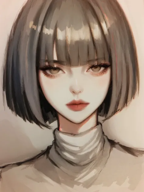 1girl, bad-girl, bangs, blunt bangs, bob cut, closed mouth, lips, looking at viewer, portrait, short hair, sketch, solo, turtleneck,mature female,portrait