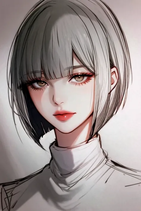 1girl, bad-girl, bangs, blunt bangs, bob cut, closed mouth, lips, looking at viewer, portrait, short hair,white hair, sketch, solo, turtleneck,mature female,portrait