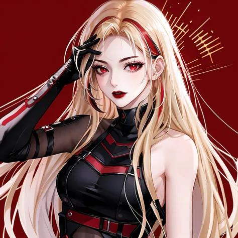 1girl, blonde hair, solo, long hair, red eyes, gloves, multicolored hair, looking at viewer, black gloves, red hair, red background, streaked hair, red lips, upper body,bad-girl,mature female