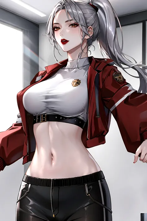 1girl, crop top,midriff,navel,navel focus,large breasts,shiny,shiny skin,open jacket,red jacket,high ponytail,dynamic pose,red lips,silver hair,bad-girl,((mature female))