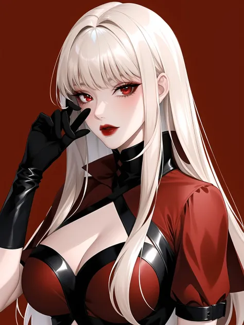 1girl, blonde hair, solo, long hair, red eyes, gloves, multicolored hair, looking at viewer, black gloves, red hair, red background, streaked hair, red lips, upper body, bangs,red theme,bad-girl, large breasts,shiny skin,(mature female),<lora:badgirl-test-lora-wdvae-6ep-resize:0.7>