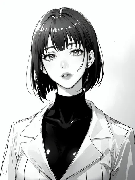 1girl, solo, monochrome, greyscale, bob cut, short hair, portrait, turtleneck, closed mouth, bangs, looking at viewer, blunt bangs, sketch, graphite \(medium\), lips,bad-girl, large breasts,shiny skin,(mature female),<lora:badgirl-test-lora-wdvae-6ep-resize:0.7>