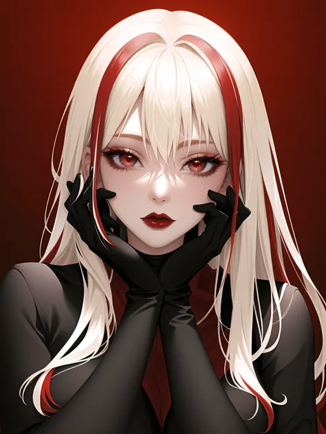 1girl, blonde hair, solo, long hair, red eyes, gloves, multicolored hair, looking at viewer, black gloves, red hair, red background, streaked hair, red lips, upper body, bangs,red theme,bad-girl, large breasts,shiny skin,(mature female),<lora:badgirl-test-lora-wdvae-6ep-resize:0.7>