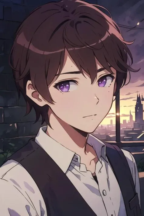 masterpiece, best quality, photorealistic, 1boy, solo, male focus, looking at viewer, upper body, depth of field, (watercolor illustration, soft pastel colors:1.1), , <lora:iori_hashima:0.74>, iori_hashima, brown hair, purple eyes, , , The Vale of Shadows: A dark and foreboding valley where no sunlight ever penetrates,